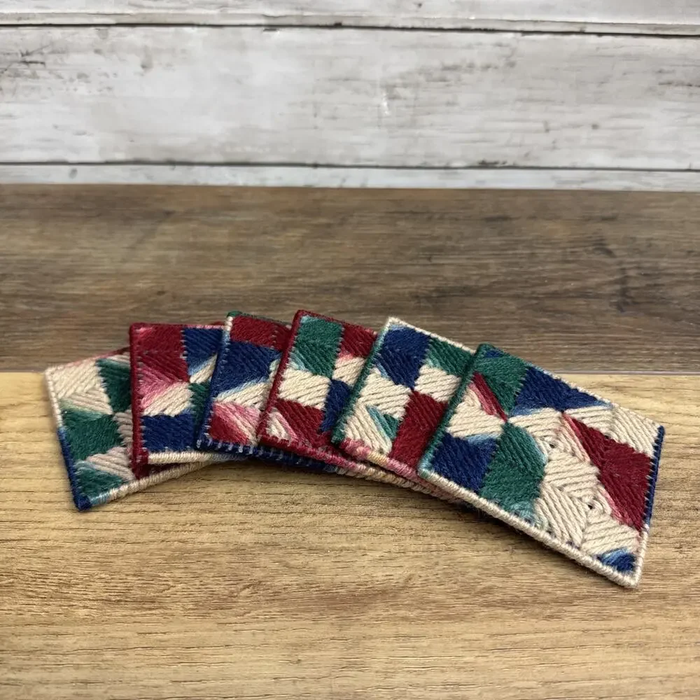 Vintage Handmade Plastic Canvas Yarn 6 Coasters Set 3.25” Boho MCM